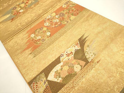 平和屋着物●西陣の名門 加納幸謹製 六通柄袋帯 吉祥扇花文 金糸 正絹 逸品 DABB9817du