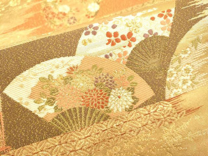 平和屋着物●西陣の名門 加納幸謹製 六通柄袋帯 吉祥扇花文 金糸 正絹 逸品 DABB9817du
