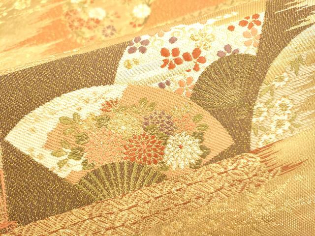 平和屋着物●西陣の名門 加納幸謹製 六通柄袋帯 吉祥扇花文 金糸 正絹 逸品 DABB9817du