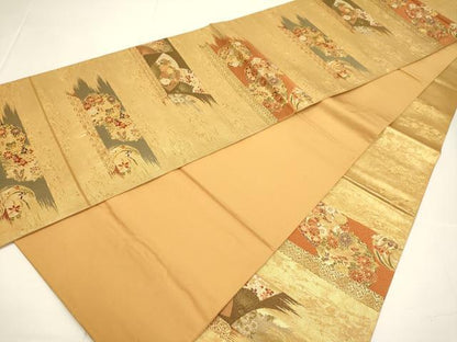 平和屋着物●西陣の名門 加納幸謹製 六通柄袋帯 吉祥扇花文 金糸 正絹 逸品 DABB9817du