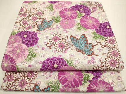 平和屋着物●六通柄袋帯 花蝶文 銀糸 さが美扱い 正絹 逸品 DABB9821du