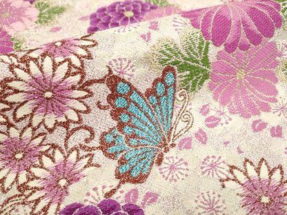 平和屋着物●六通柄袋帯 花蝶文 銀糸 さが美扱い 正絹 逸品 DABB9821du