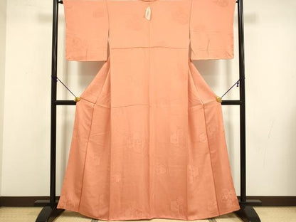 平和屋着物■上質な色無地　亀甲花鳥地紋　濃い深支子色　正絹　逸品　DABB9939du