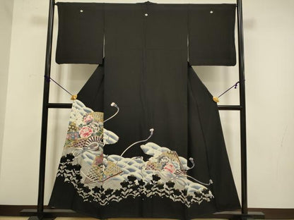 平和屋着物■豪華黒留袖 駒刺繍 扇面吉祥花文 草花シルエット 金彩 正絹 逸品 DABB9967du