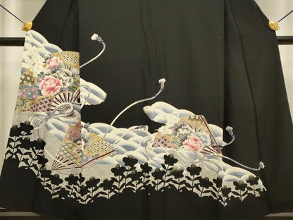 平和屋着物■豪華黒留袖 駒刺繍 扇面吉祥花文 草花シルエット 金彩 正絹 逸品 DABB9967du