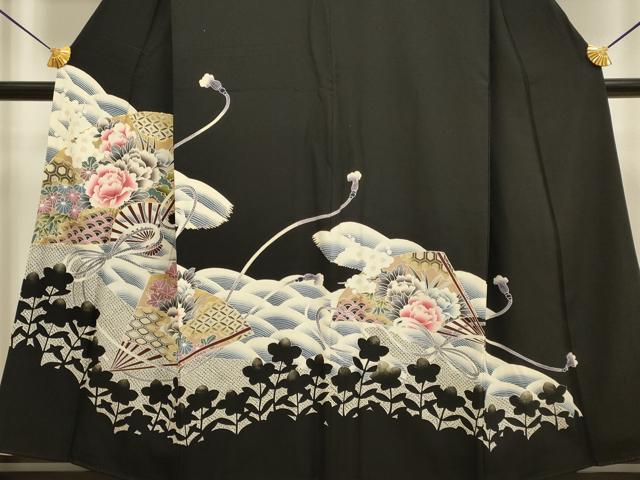 平和屋着物■豪華黒留袖 駒刺繍 扇面吉祥花文 草花シルエット 金彩 正絹 逸品 DABB9967du