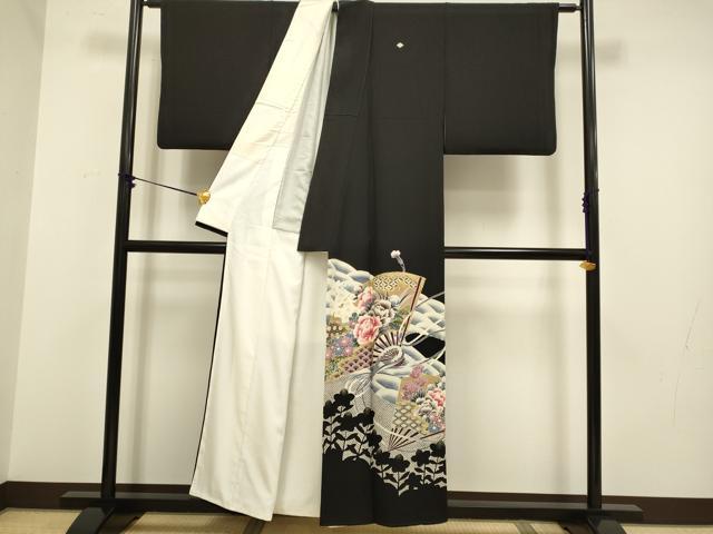 平和屋着物■豪華黒留袖 駒刺繍 扇面吉祥花文 草花シルエット 金彩 正絹 逸品 DABB9967du