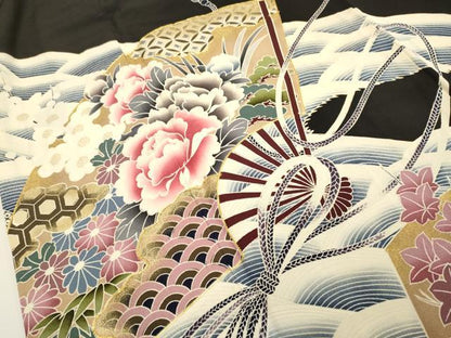平和屋着物■豪華黒留袖 駒刺繍 扇面吉祥花文 草花シルエット 金彩 正絹 逸品 DABB9967du