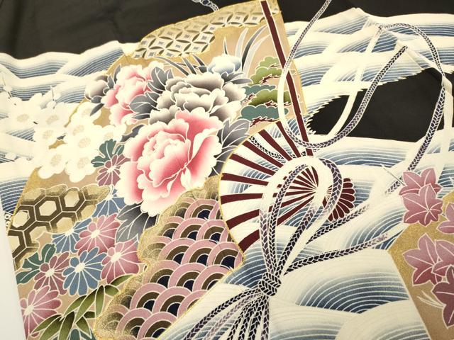 平和屋着物■豪華黒留袖 駒刺繍 扇面吉祥花文 草花シルエット 金彩 正絹 逸品 DABB9967du