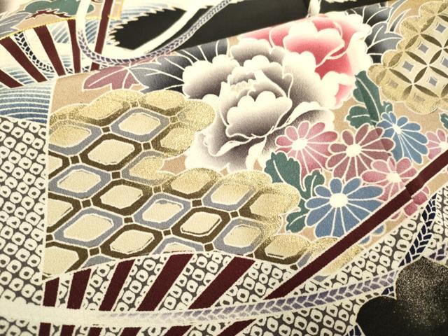 平和屋着物■豪華黒留袖 駒刺繍 扇面吉祥花文 草花シルエット 金彩 正絹 逸品 DABB9967du