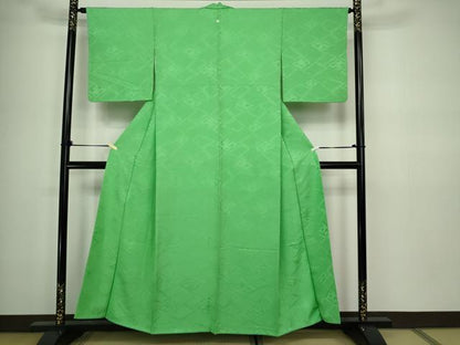 平和屋着物■上質な色無地 菱地紋 浅緑色 正絹 逸品 DABC0260sf