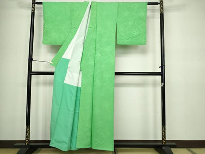 平和屋着物■上質な色無地 菱地紋 浅緑色 正絹 逸品 DABC0260sf