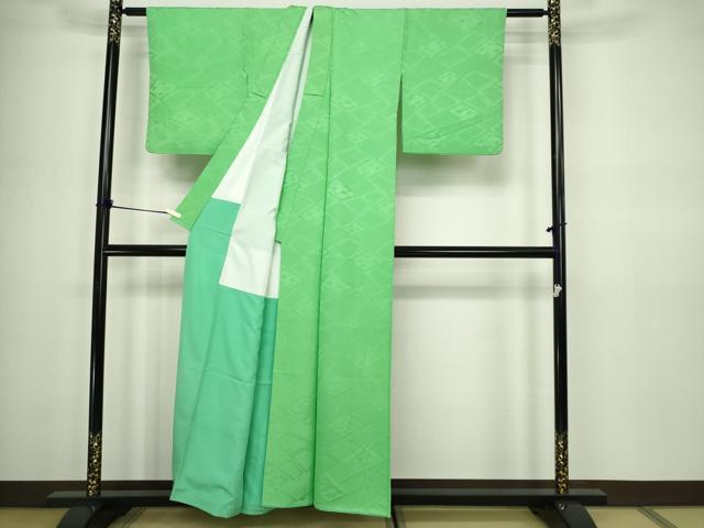 平和屋着物■上質な色無地 菱地紋 浅緑色 正絹 逸品 DABC0260sf