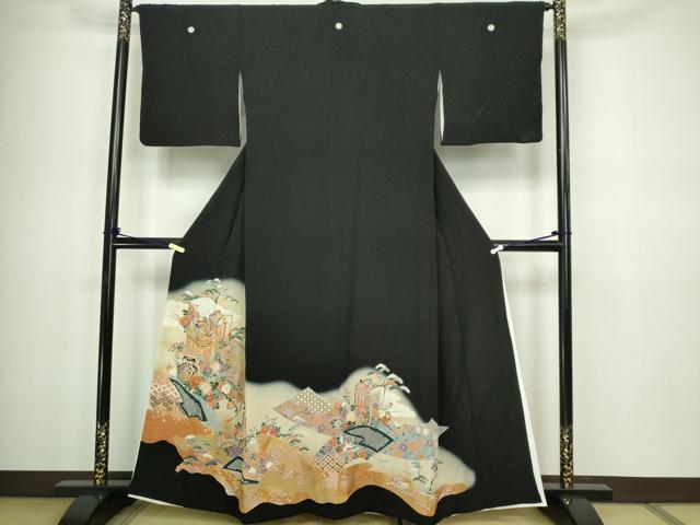 平和屋着物■豪華黒留袖 駒刺繍 御所車地紙花文 暈し染め 金彩 正絹 逸品 DABC0261sf