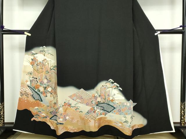 平和屋着物■豪華黒留袖 駒刺繍 御所車地紙花文 暈し染め 金彩 正絹 逸品 DABC0261sf