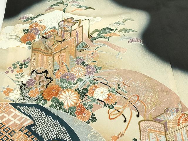 平和屋着物■豪華黒留袖 駒刺繍 御所車地紙花文 暈し染め 金彩 正絹 逸品 DABC0261sf