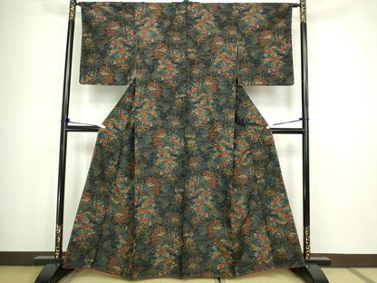 平和屋着物■上質な紬 孔雀風景花文 黒地 正絹 逸品 DABC0265sf