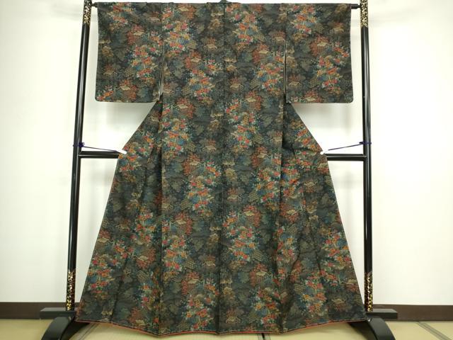 平和屋着物■上質な紬 孔雀風景花文 黒地 正絹 逸品 DABC0265sf