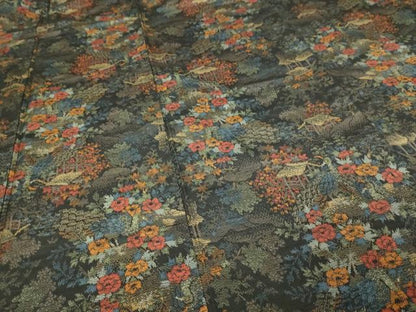 平和屋着物■上質な紬 孔雀風景花文 黒地 正絹 逸品 DABC0265sf
