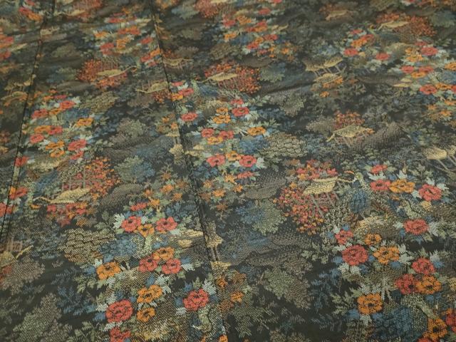 平和屋着物■上質な紬 孔雀風景花文 黒地 正絹 逸品 DABC0265sf