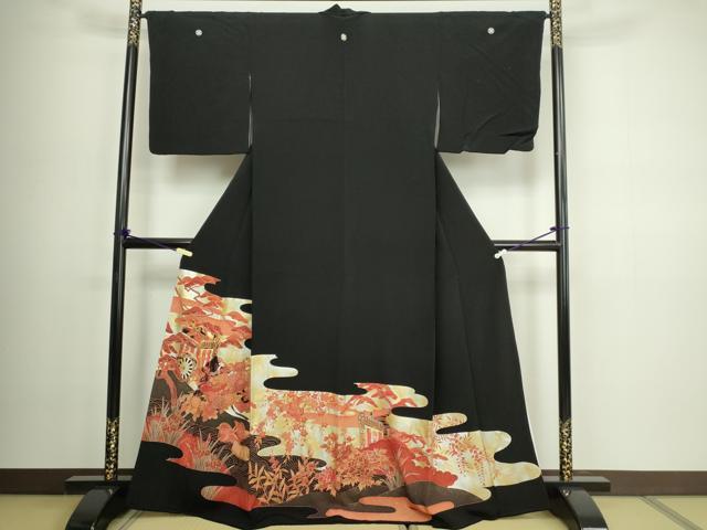 平和屋着物■豪華黒留袖 駒刺繍 御所車花鳥文 金彩 正絹 逸品 DABC0322sf
