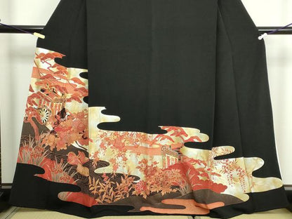 平和屋着物■豪華黒留袖 駒刺繍 御所車花鳥文 金彩 正絹 逸品 DABC0322sf