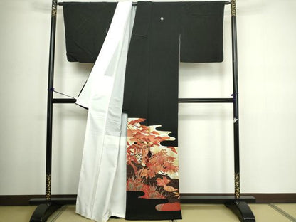 平和屋着物■豪華黒留袖 駒刺繍 御所車花鳥文 金彩 正絹 逸品 DABC0322sf