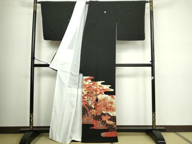 平和屋着物■豪華黒留袖 駒刺繍 御所車花鳥文 金彩 正絹 逸品 DABC0322sf