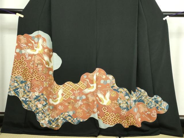 平和屋着物■豪華黒留袖 駒刺繍 飛鶴宝尽くし文 金彩 正絹 逸品 DABC0326sf