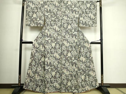 平和屋着物■上質な小紋 枝葉文 鮫小紋柄 黒地 正絹 逸品 DABC0335sf