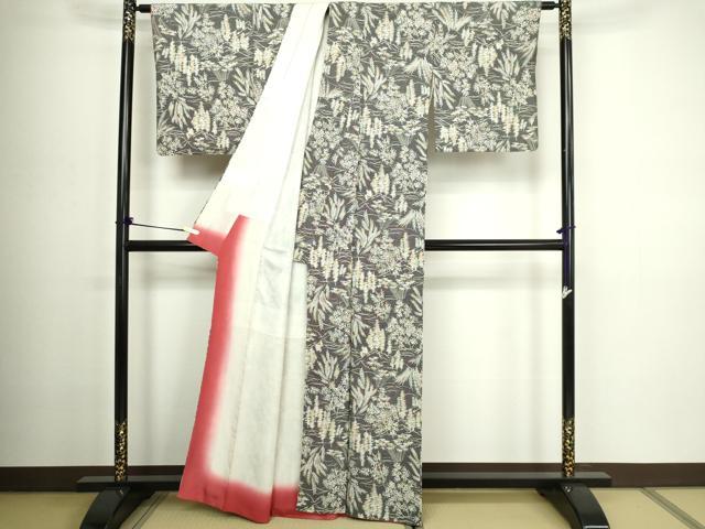 平和屋着物■上質な小紋 枝葉文 鮫小紋柄 黒地 正絹 逸品 DABC0335sf