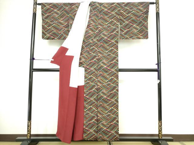 平和屋着物■上質な小紋 立波文 黒地 正絹 逸品 DABC0450sf