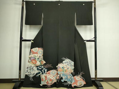 平和屋着物■豪華黒留袖 扇面花鳥文 金彩 正絹 逸品 DABC0507sf