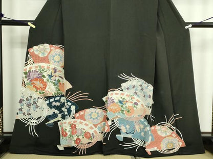 平和屋着物■豪華黒留袖 扇面花鳥文 金彩 正絹 逸品 DABC0507sf