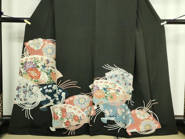 平和屋着物■豪華黒留袖 扇面花鳥文 金彩 正絹 逸品 DABC0507sf