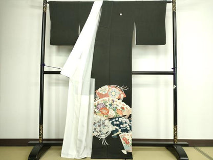 平和屋着物■豪華黒留袖 扇面花鳥文 金彩 正絹 逸品 DABC0507sf