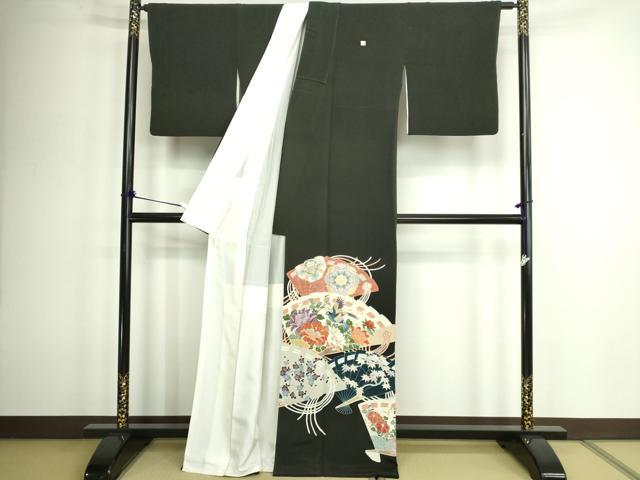 平和屋着物■豪華黒留袖 扇面花鳥文 金彩 正絹 逸品 DABC0507sf