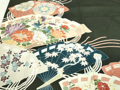 平和屋着物■豪華黒留袖 扇面花鳥文 金彩 正絹 逸品 DABC0507sf