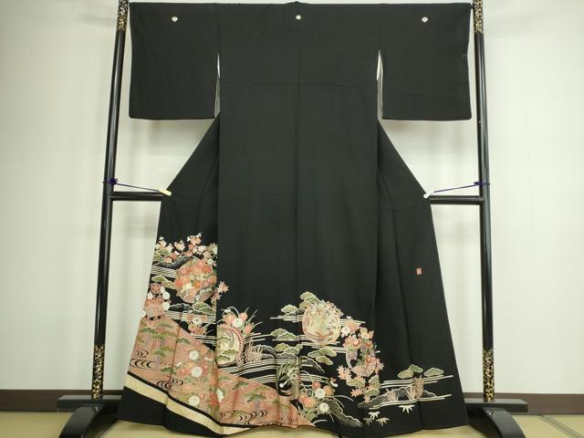 平和屋着物■豪華黒留袖 作家物 駒刺繍 花車文 松竹梅 金銀彩 正絹 逸品 DABC0512sf