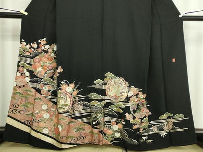 平和屋着物■豪華黒留袖 作家物 駒刺繍 花車文 松竹梅 金銀彩 正絹 逸品 DABC0512sf