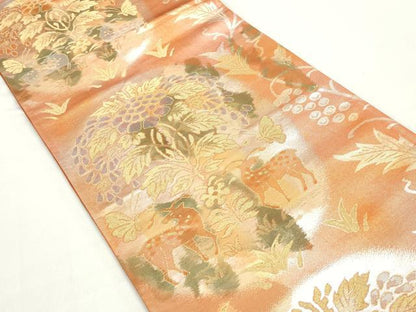 平和屋着物◎六通柄袋帯　更紗花動物文　蔦の葉葡萄　金銀糸　正絹　逸品　DABC0521qa