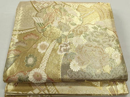 平和屋着物◎佐賀錦 六通柄袋帯 束ね熨斗雪輪花鳥文 金糸 正絹 逸品 DABC0529qa