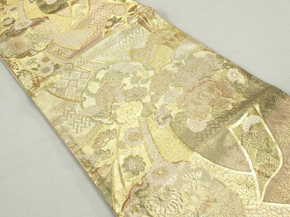 平和屋着物◎佐賀錦 六通柄袋帯 束ね熨斗雪輪花鳥文 金糸 正絹 逸品 DABC0529qa