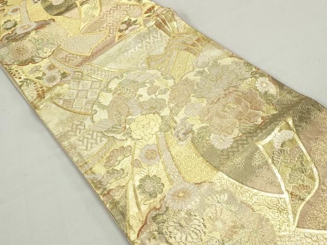平和屋着物◎佐賀錦 六通柄袋帯 束ね熨斗雪輪花鳥文 金糸 正絹 逸品 DABC0529qa