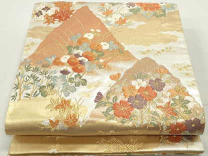 平和屋着物◎六通柄袋帯　唐織　重ね山花文　金銀糸　正絹　逸品　DABC0540qa
