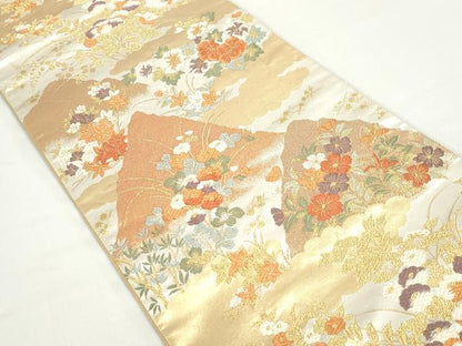 平和屋着物◎六通柄袋帯　唐織　重ね山花文　金銀糸　正絹　逸品　DABC0540qa