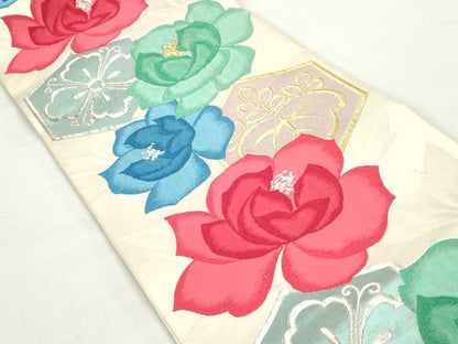 平和屋着物◎六通柄袋帯　亀甲花文　金銀糸　正絹　逸品　DABC0542qa