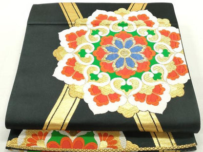 平和屋着物◎六通柄袋帯 唐織 立涌正倉院花文 黒地 金糸 正絹 逸品 DABC0550qa