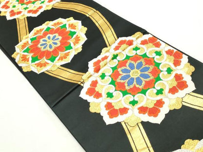 平和屋着物◎六通柄袋帯 唐織 立涌正倉院花文 黒地 金糸 正絹 逸品 DABC0550qa