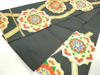 平和屋着物◎六通柄袋帯 唐織 立涌正倉院花文 黒地 金糸 正絹 逸品 DABC0550qa